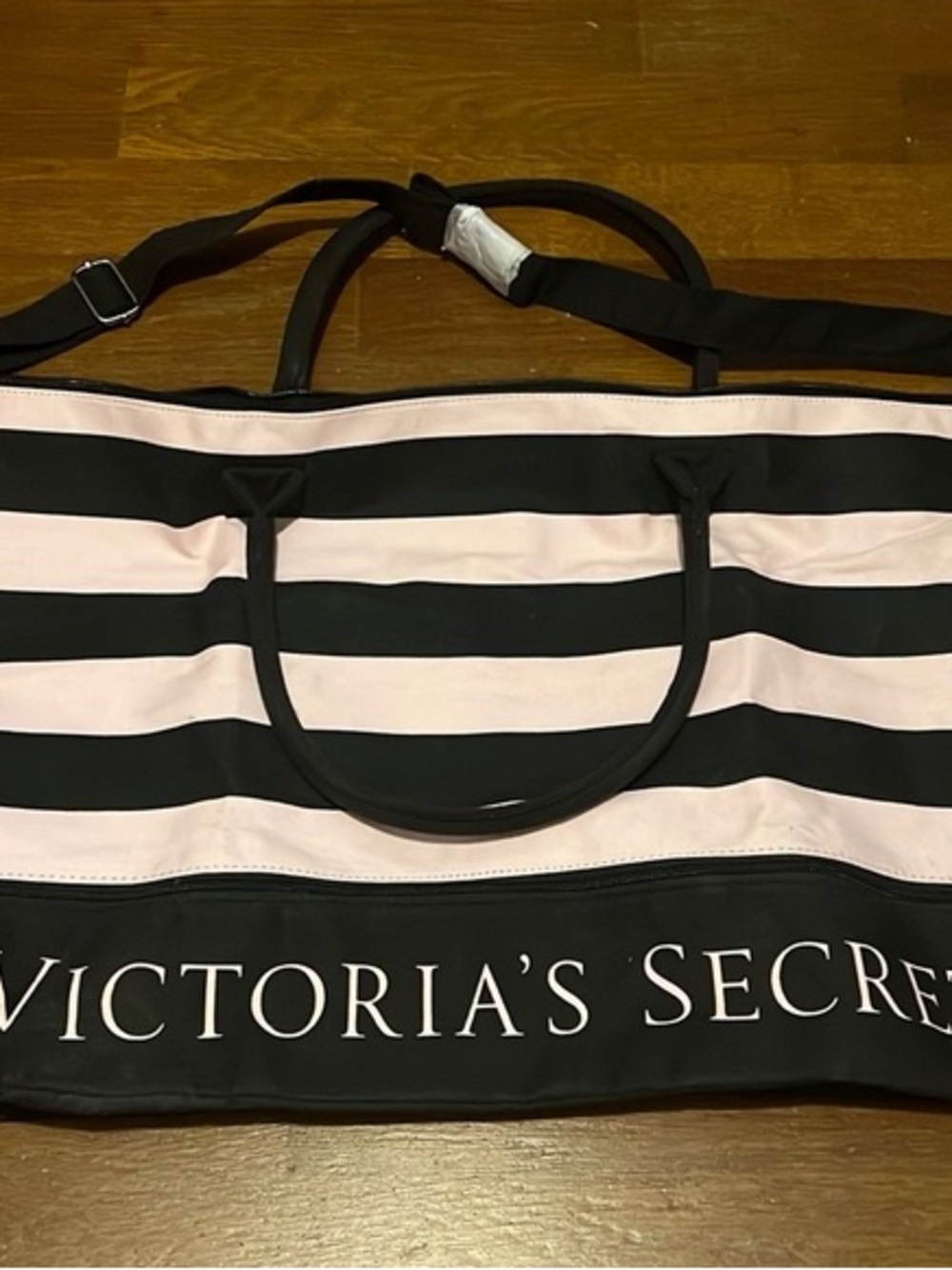 Victoria's Secret Black and Blush Pink Striped Weekender